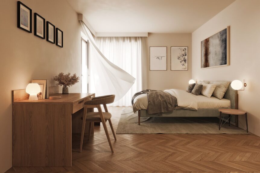 Render camera matrimoniale per villette del cantiere Villa Meucci